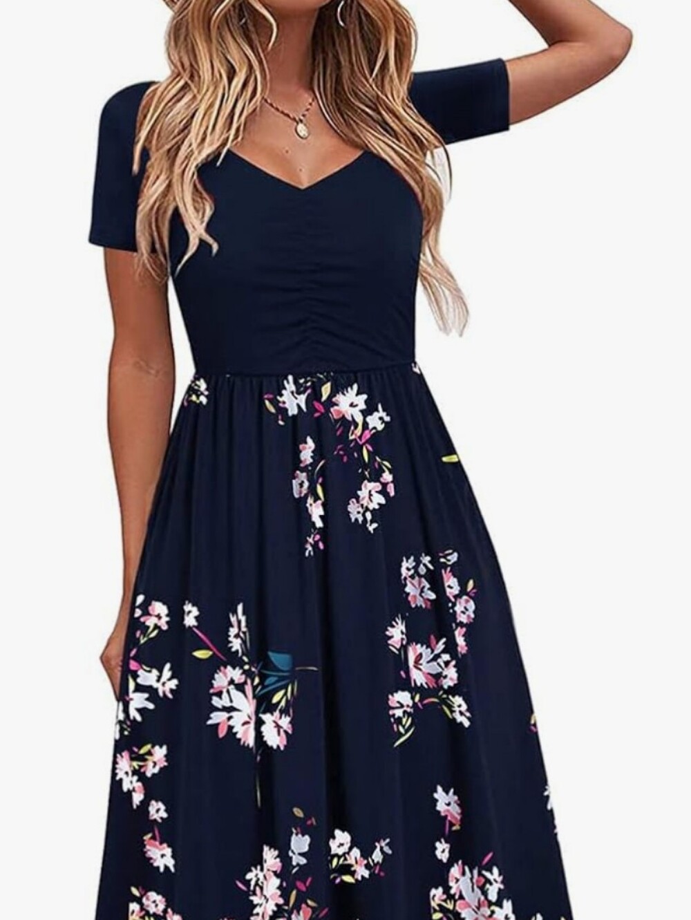 Floral V-Neck Midi Dress with Short Sleeves - Navy